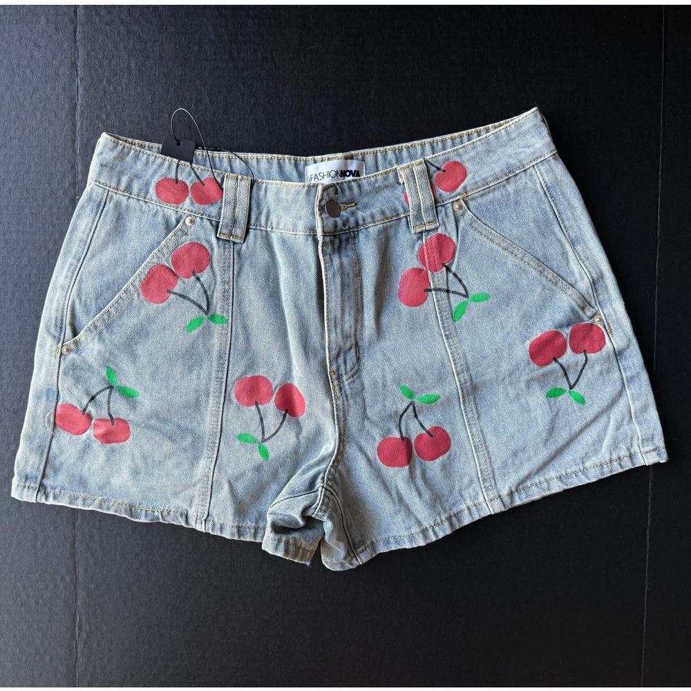 Fashion Nova Light Blue Cherry Print Denim Shorts Womens Size Large High Waisted